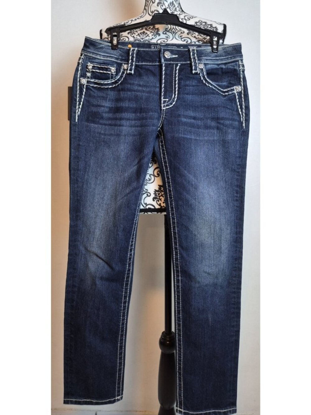 Miss Me Jeans Size 30 Skinny Dark Wash Denim Big Stitch Bling Embellished Blue